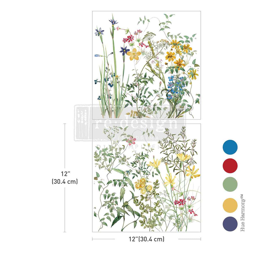 Multicolor floral rub on transfer by ReDesign with Prima. Blue yellow red purple wild flowers with greenery