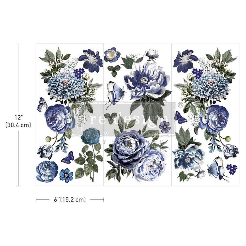 Redesign Prima Rub on transfers with assorted indigo flowers and butterflies 