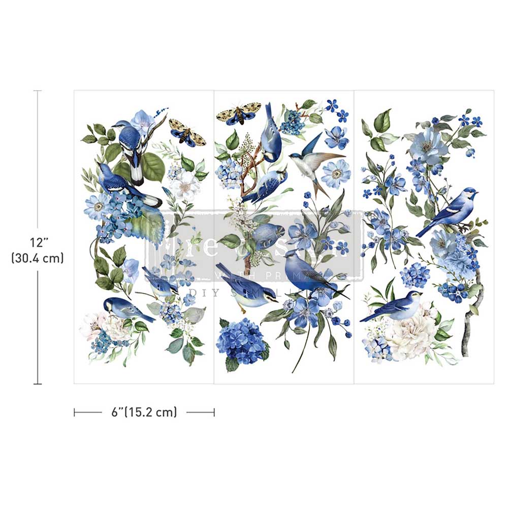 Redesign Prima Rub on transfers with Blue and white birds perched on branches with blue flowers and green leaves