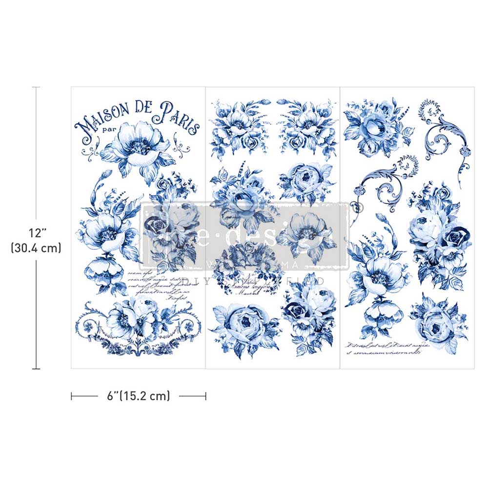 Redesign Prima Rub on transfers with blue and white flower and flourishes