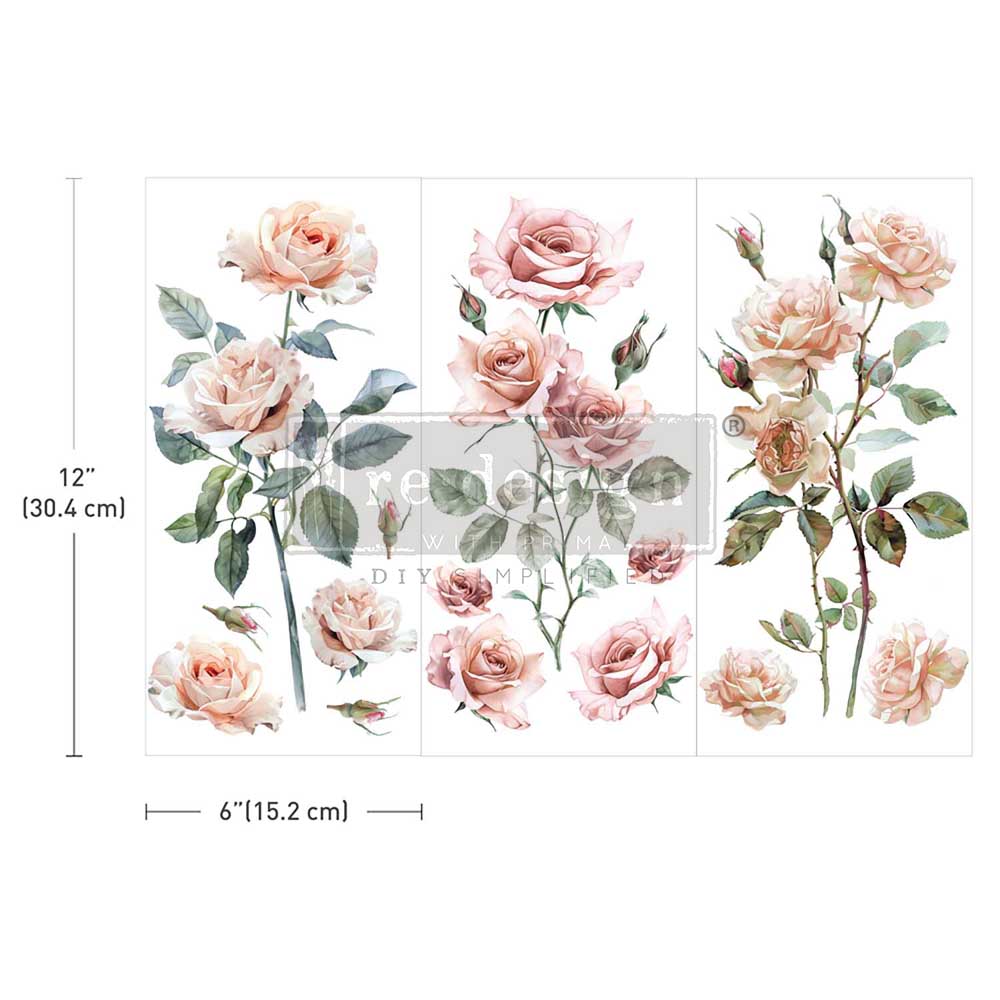 Redesign Prima Rub on transfers with pink rose blooms and buds with greenery and leaves