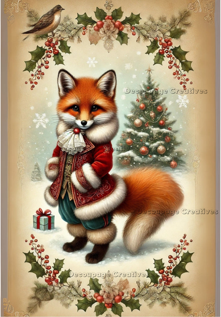 Dapper red fox dressed in a christmas red victorian coat with chrismas trees and presents decoupage rice papers from decoupage creatives