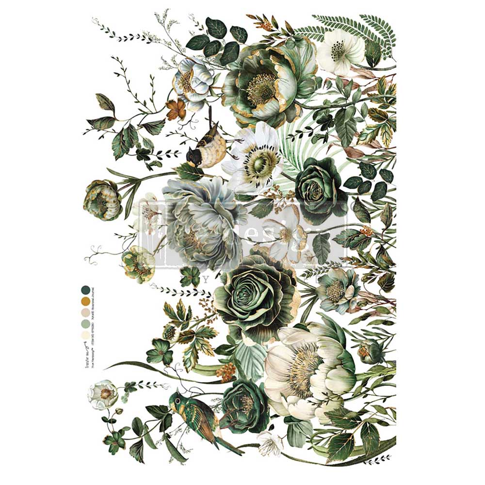 Botanical Journal rub on transfer by ReDesign with Prima. Green and white flowers birds and greenery