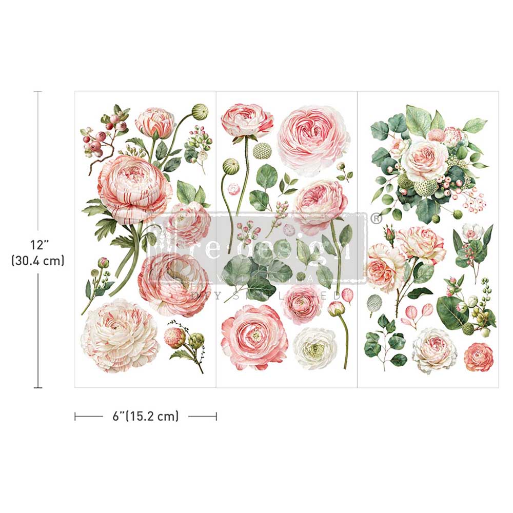 Redesign Prima Rub on transfers with pink roses and Ranunculus flowers with greenery and leaves