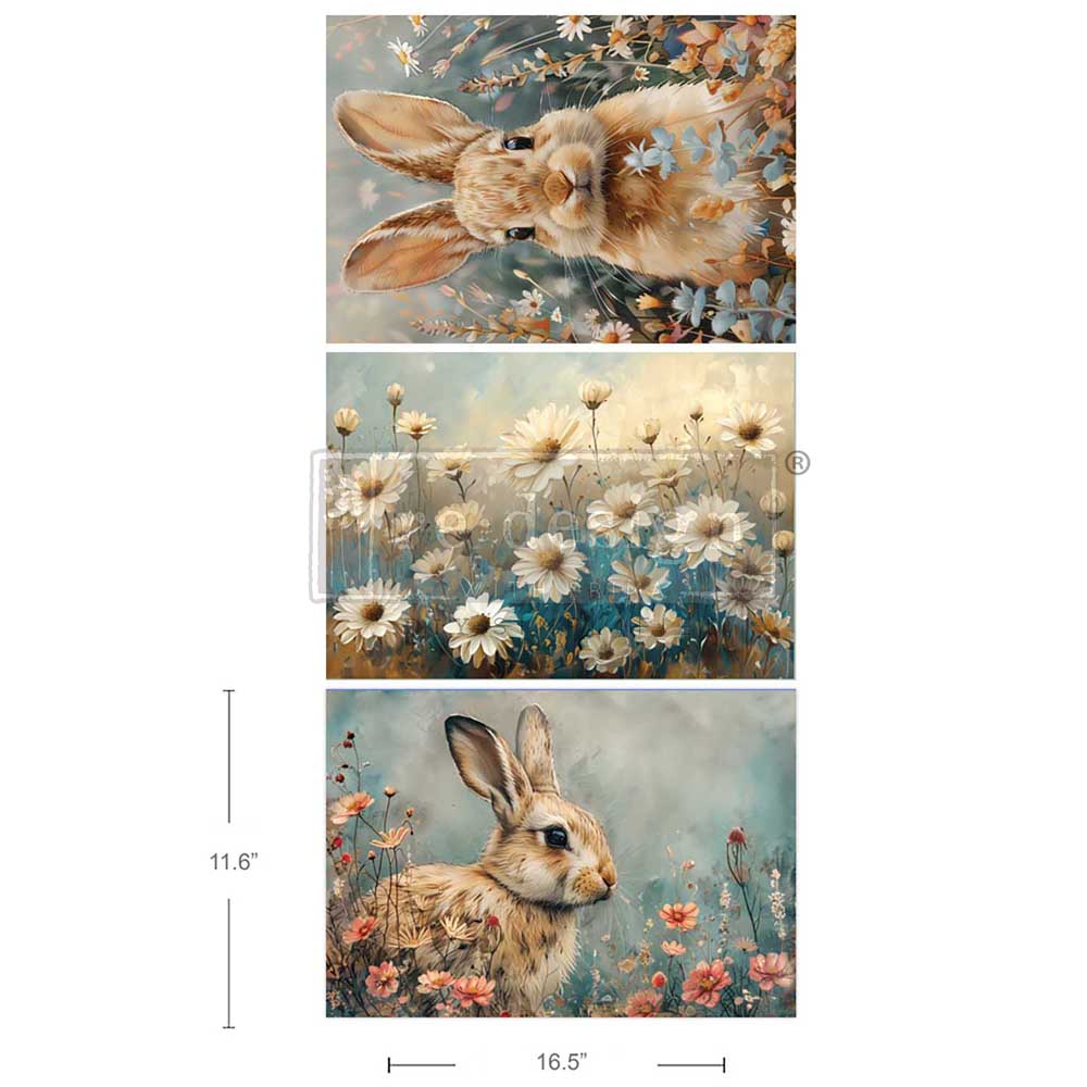 Redesign with Prima 3 sheets of Fiber paper for Decoupage featuring 3 scenes with brown bunnies and pink and white flowers.