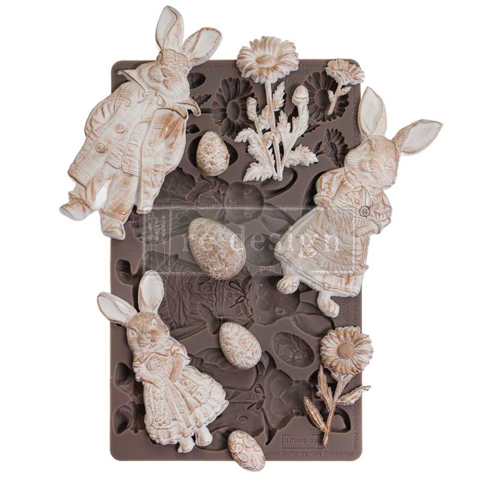 Redesign with Prima Springtime Bunny mold with 3 bunnies in dresses and suit Easter eggs and flowers