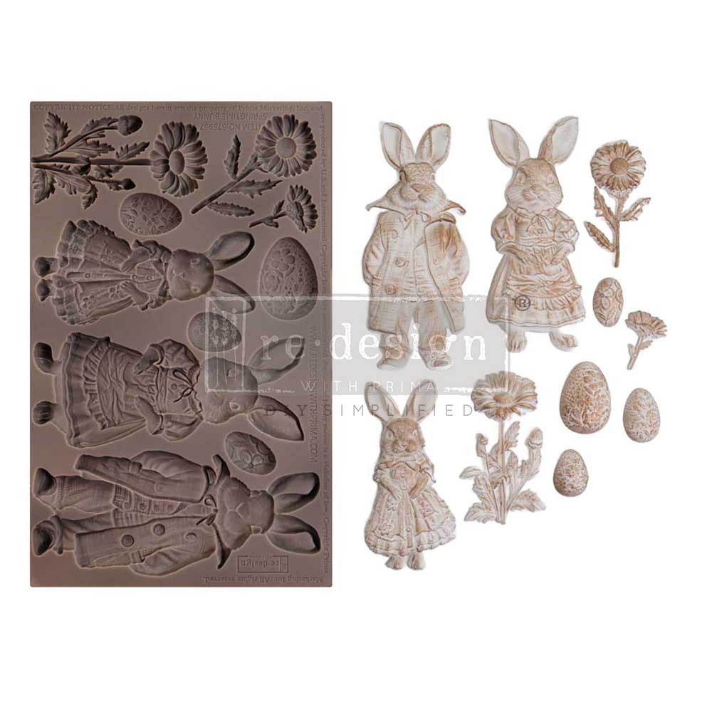 Redesign with Prima Springtime Bunny mold with 3 bunnies in dresses and suit Easter eggs and flowers