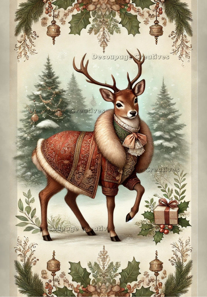 holiday stag dressed in dapper victorian style with Christmas trees and decorations decoupage rice papers from decoupage creatives
