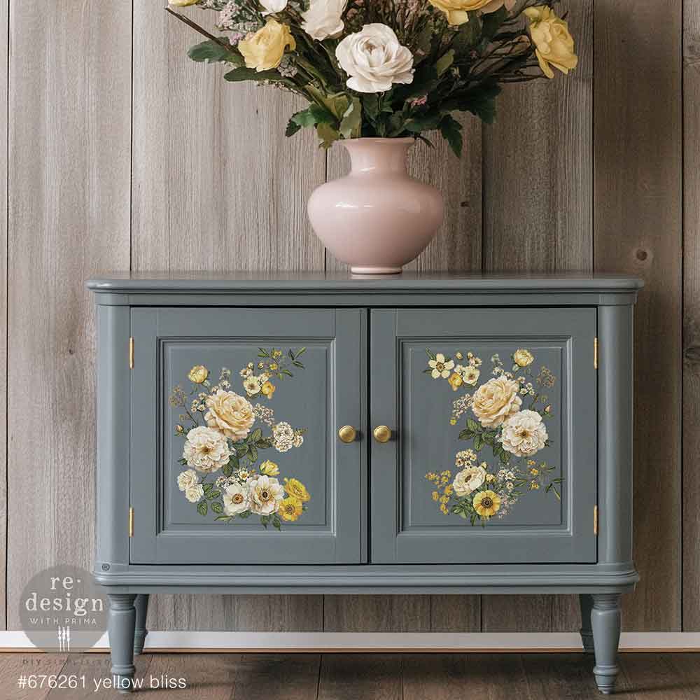 Yellow Bliss rub on transfer by ReDesign with Prima. Stems of yellow and cream flowers with greenery