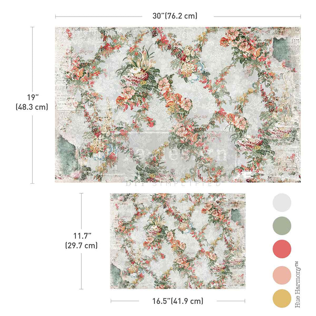 pink and red flowers with greenery on texture background. Tear Resistant Double Delight Decoupage Fiber Paper 