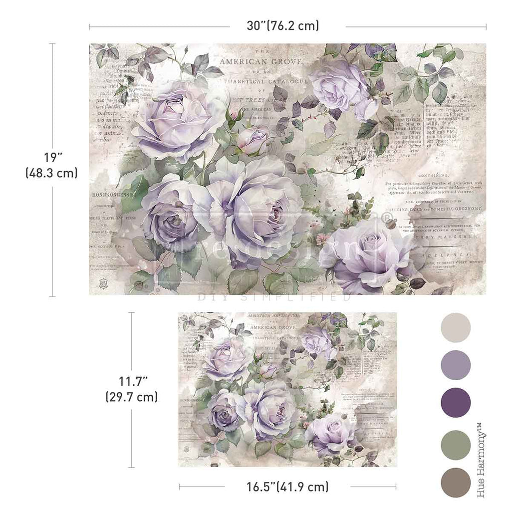 purple roses with greenery on textured script background. Tear Resistant Double Delight Decoupage Fiber Paper 