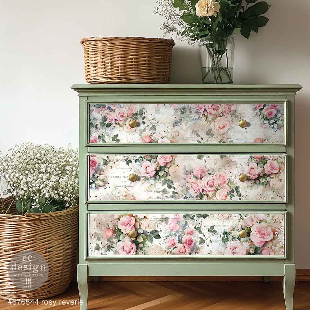 pink roses with greenery on textured script background. Tear Resistant Double Delight Decoupage Fiber Paper 