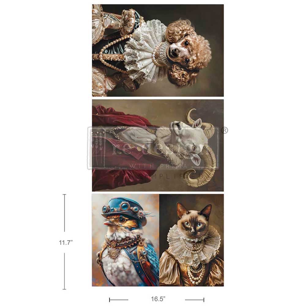 4 images of dog cat goat and bird dressed in regency clothes. Tear Resistant Decoupage Fiber Paper 