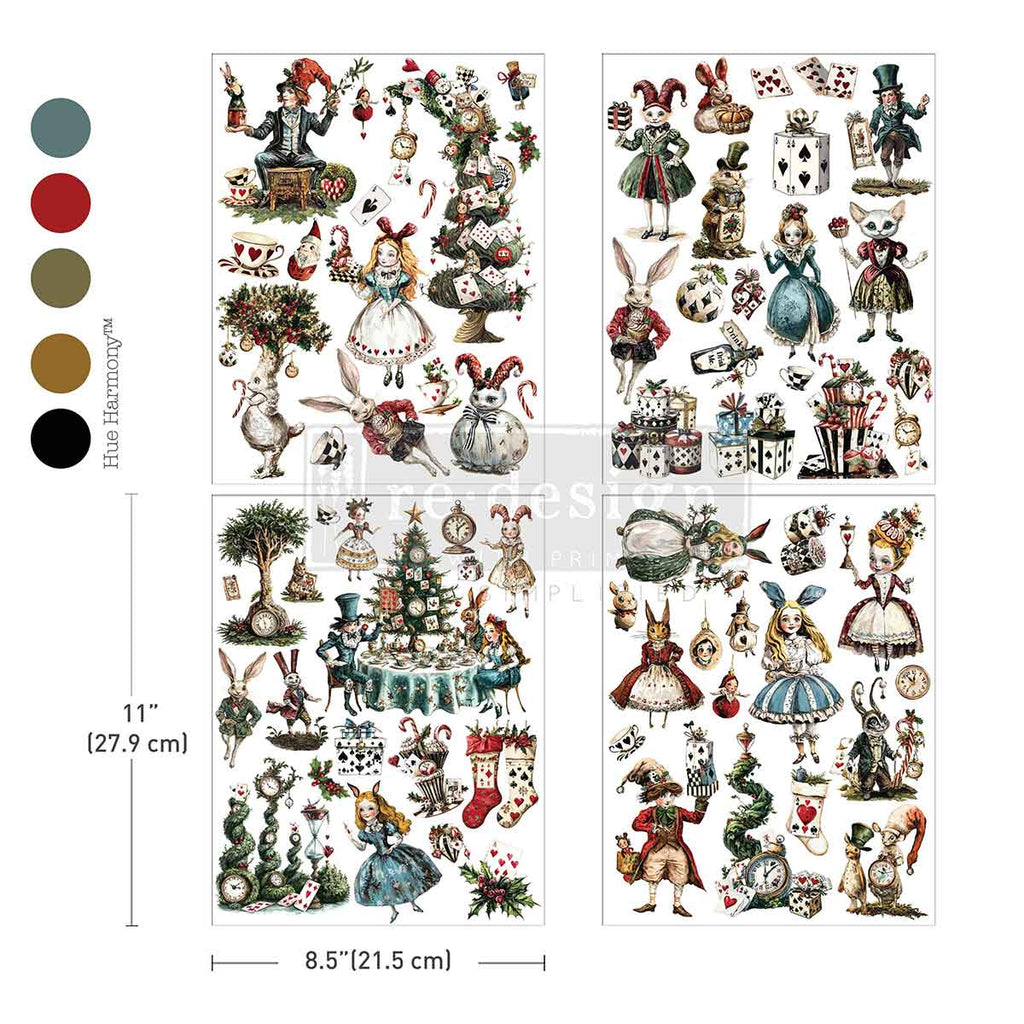 Whimsical Holiday Dreams rub on transfer by ReDesign with Prima. Alice in Wonderland Holiday theme with candy canes presents and stockings