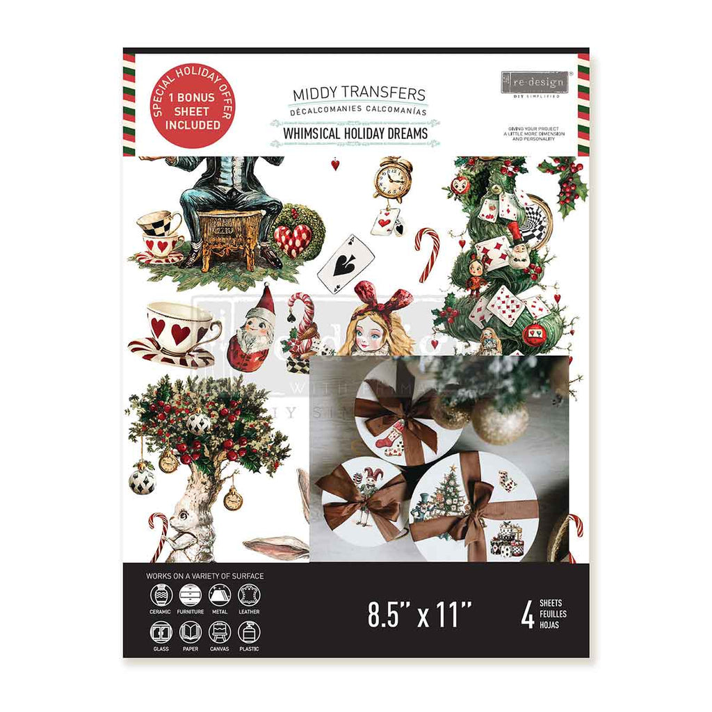 Whimsical Holiday Dreams rub on transfer by ReDesign with Prima. Alice in Wonderland Holiday theme with candy canes presents and stockings