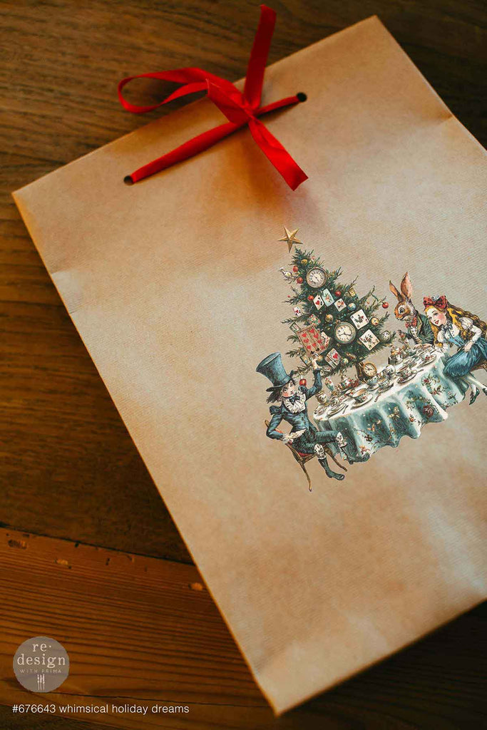 Whimsical Holiday Dreams rub on transfer by ReDesign with Prima. Alice in Wonderland Holiday theme with candy canes presents and stockings