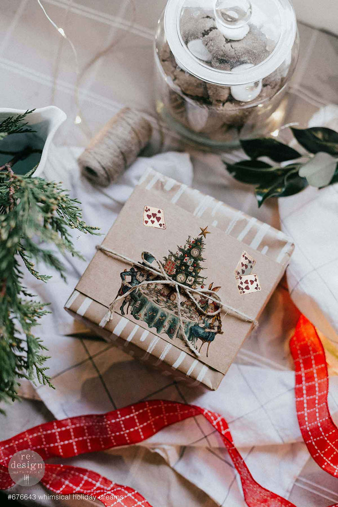 Whimsical Holiday Dreams rub on transfer by ReDesign with Prima. Alice in Wonderland Holiday theme with candy canes presents and stockings