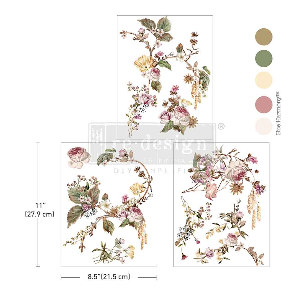 Rosette Royale rub on transfer by ReDesign with Prima. Branches of pink and cream flowers with green leaves