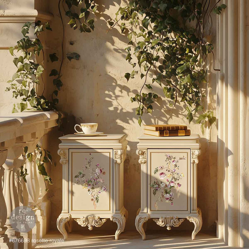 Rosette Royale rub on transfer by ReDesign with Prima. Branches of pink and cream flowers with green leaves