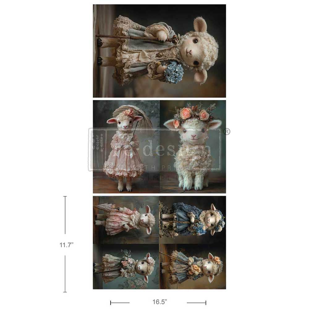 7 images of lambs in pink and blue dresses with flowers. Tear Resistant Decoupage Fiber Paper backgrounds. 