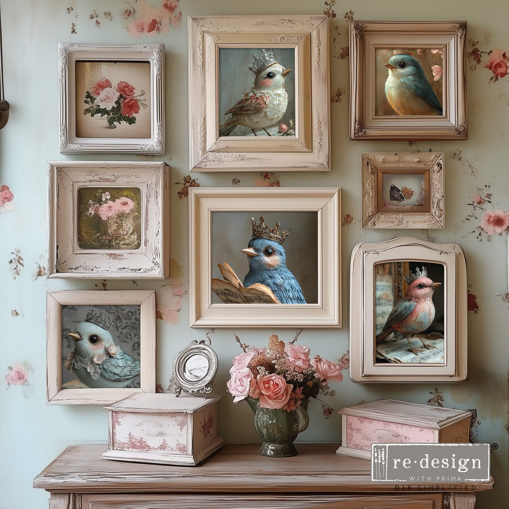 5 images of blue white and red birds wearing crowns perched on sheet music. Tear Resistant Decoupage Fiber Paper backgrounds. 