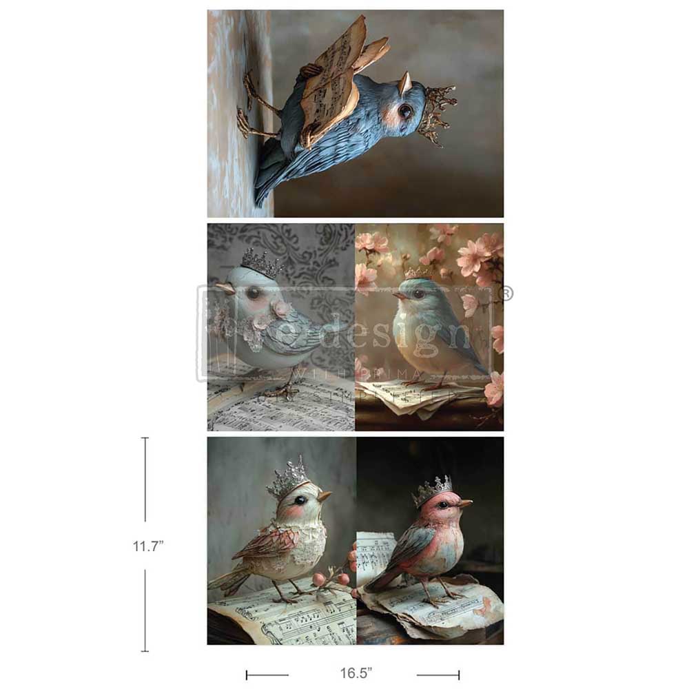 5 images of blue white and red birds wearing crowns perched on sheet music. Tear Resistant Decoupage Fiber Paper backgrounds. 