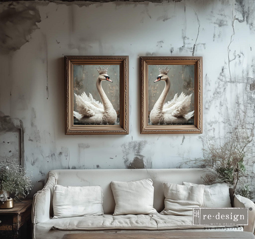 4 images of white swans wearing crowns. Tear Resistant Decoupage Fiber Paper backgrounds. 