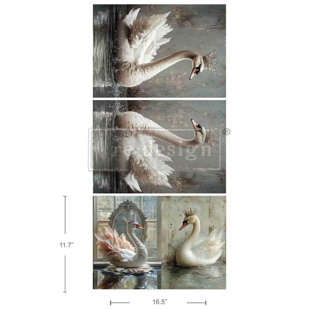 4 images of white swans wearing crowns. Tear Resistant Decoupage Fiber Paper backgrounds. 