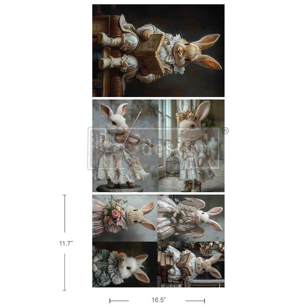 7 images of white and brown bunnies wearing white dresses reading books holding flowers and playing the violin. Tear Resistant Decoupage Fiber Paper backgrounds. 