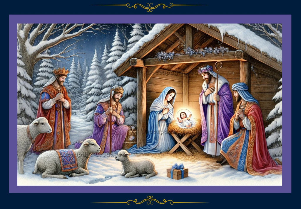 beautiful nativity in purple and blues showing the magi with Mary and Joseph and baby jesus decoupage rice papers from decoupage creatives