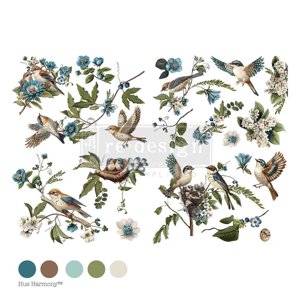 Aviary Elegance rub on transfer by ReDesign with Prima. Brown and blue bird with branches of blue and white flowers