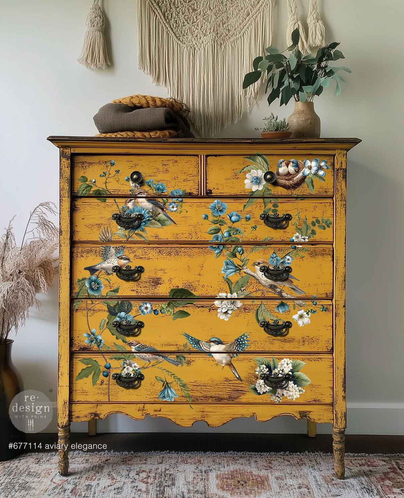 Aviary Elegance rub on transfer by ReDesign with Prima. Brown and blue bird with branches of blue and white flowers