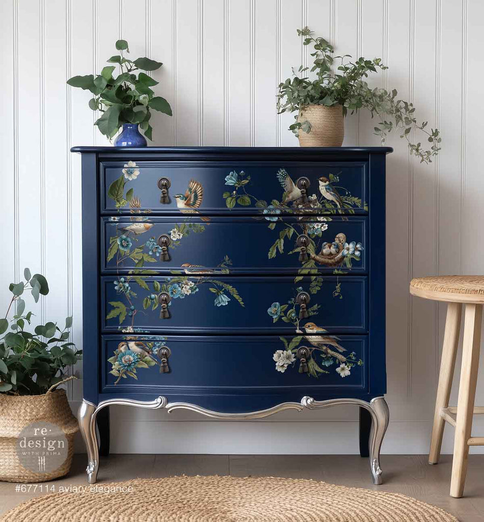 Aviary Elegance rub on transfer by ReDesign with Prima. Brown and blue bird with branches of blue and white flowers