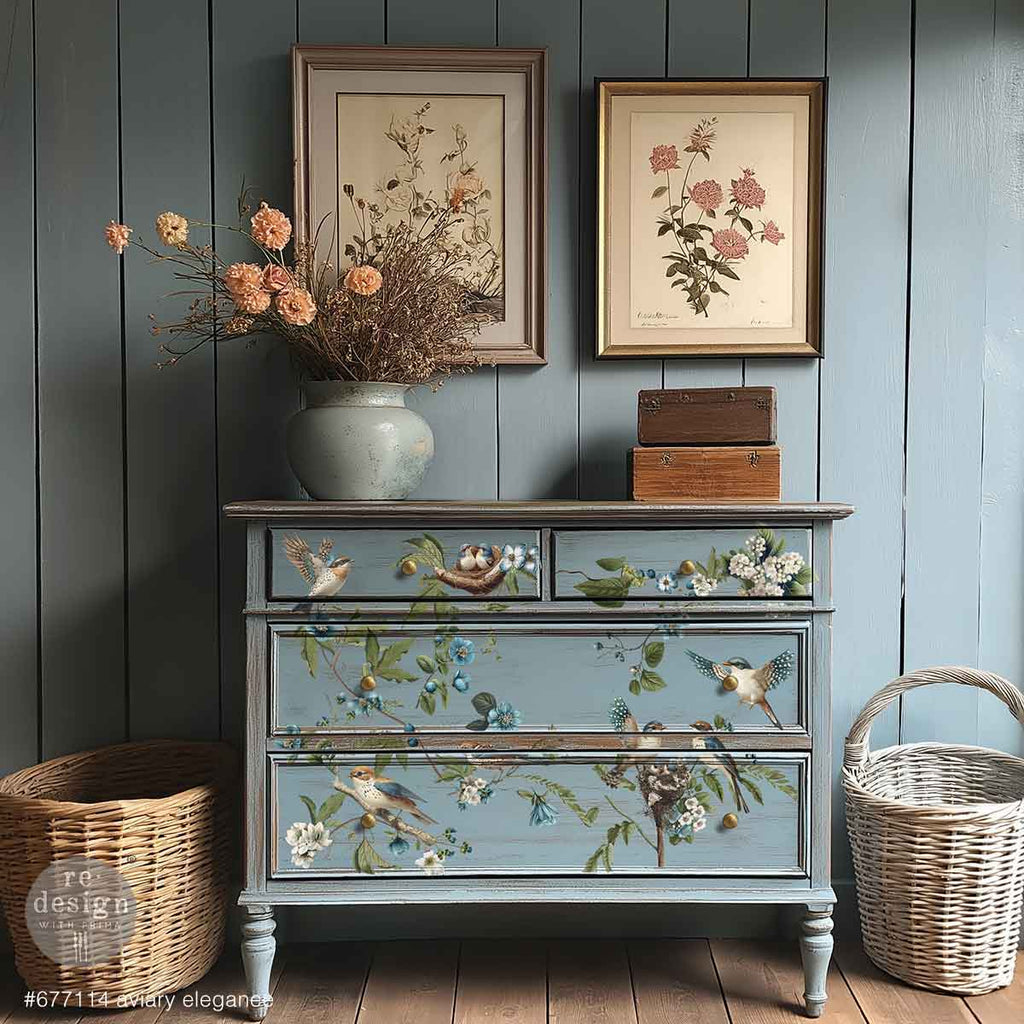 Aviary Elegance rub on transfer by ReDesign with Prima. Brown and blue bird with branches of blue and white flowers