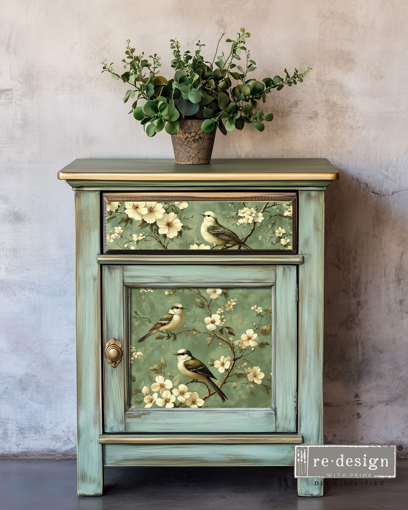 4 images of brown and cream birds perched on branches of white blooms on green background. Tear Resistant Decoupage Fiber Paper backgrounds. 