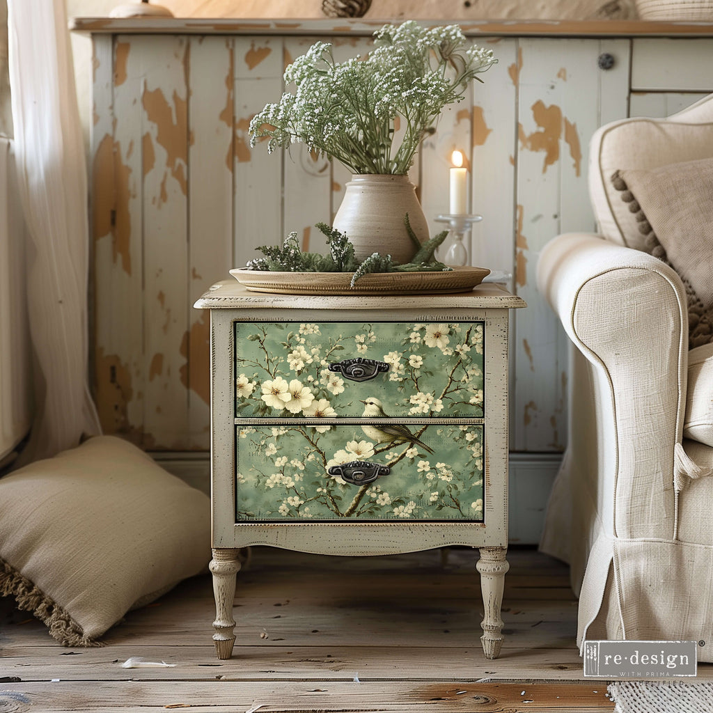 4 images of brown and cream birds perched on branches of white blooms on green background. Tear Resistant Decoupage Fiber Paper backgrounds. 