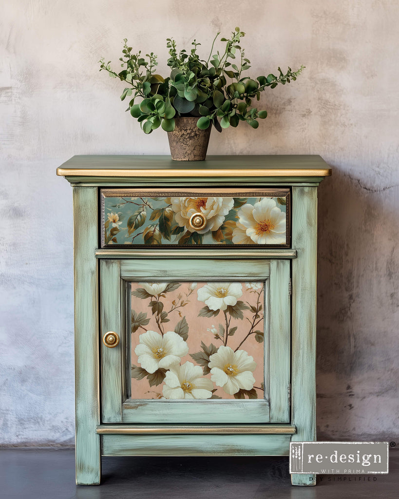 4 images of white flowers with green leaves on pink and blue. Tear Resistant Decoupage Fiber Paper backgrounds. 