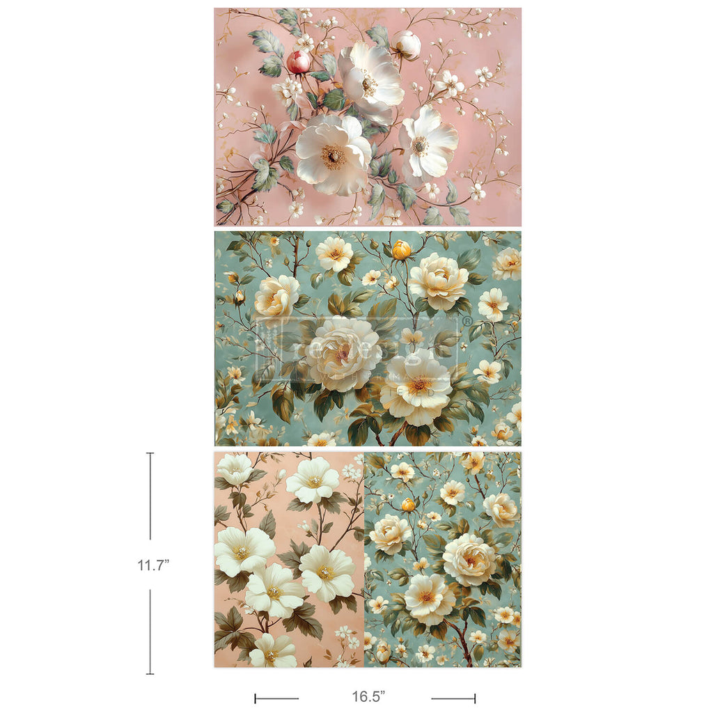 4 images of white flowers with green leaves on pink and blue. Tear Resistant Decoupage Fiber Paper backgrounds. 