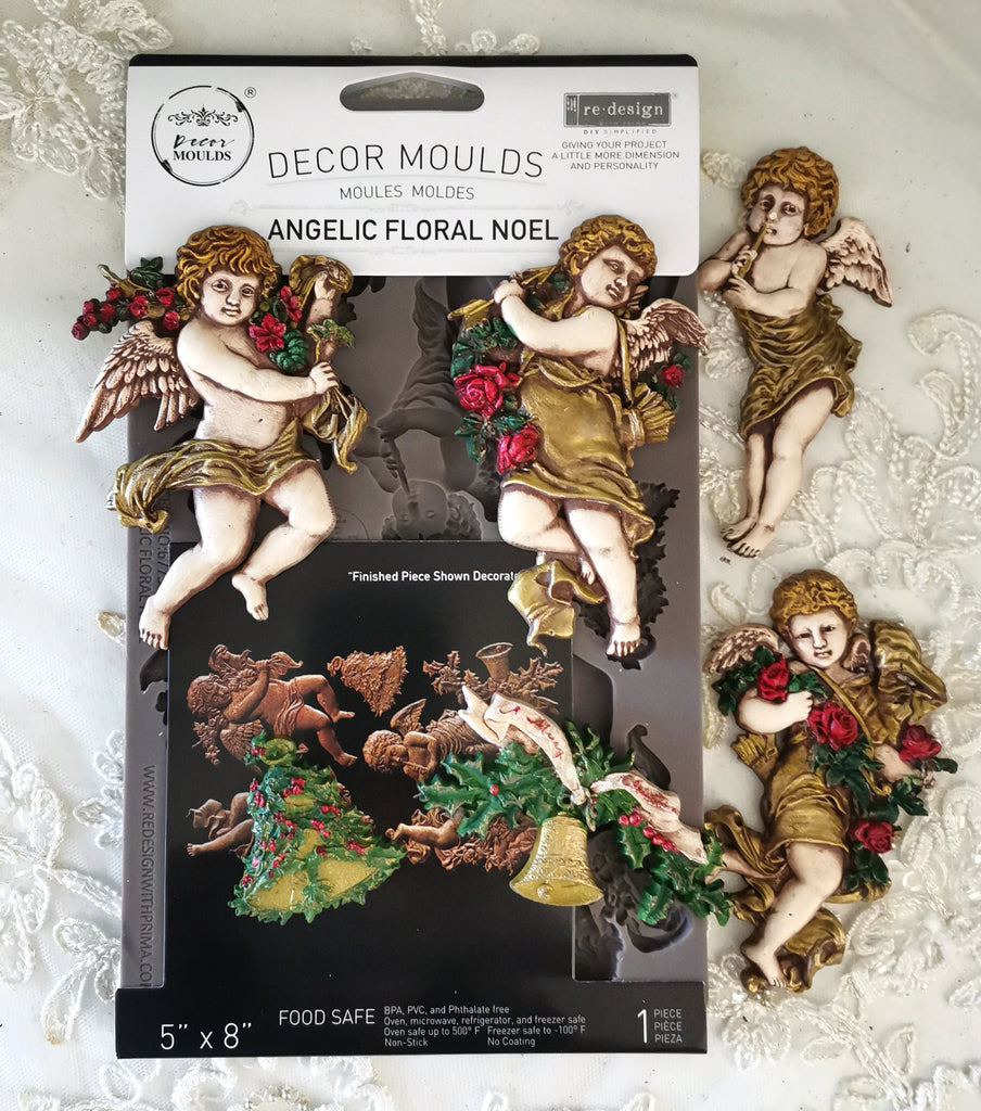 Redesign with Prima Angelic Floral Noel mold with cherubs with bells and greenery