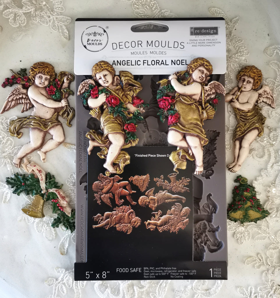 Redesign with Prima Angelic Floral Noel mold with cherubs with bells and greenery