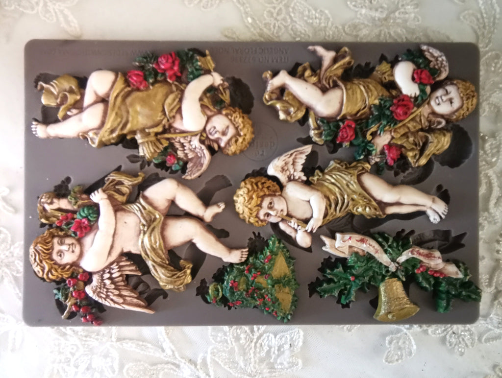 Redesign with Prima Angelic Floral Noel mold with cherubs with bells and greenery