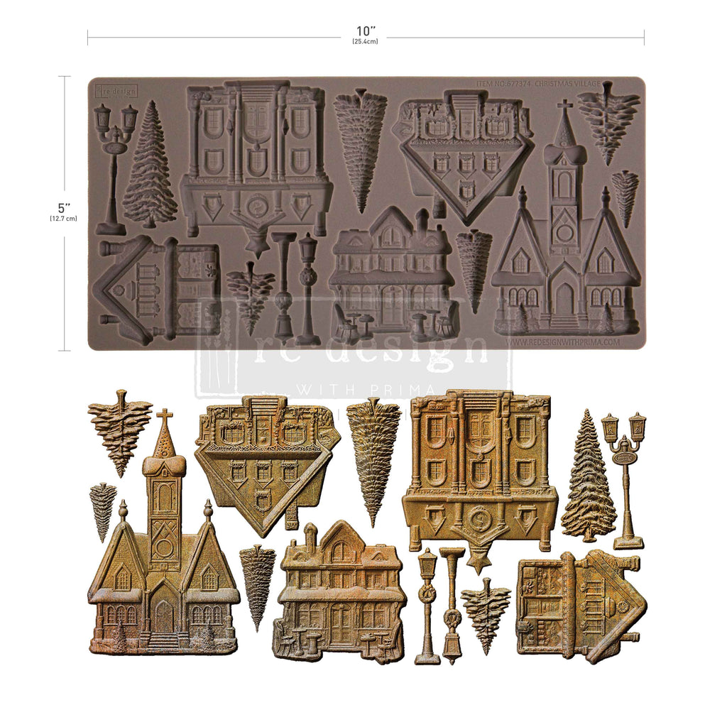 Redesign with Prima Christmas Village mold with houses church lamp posts and trees