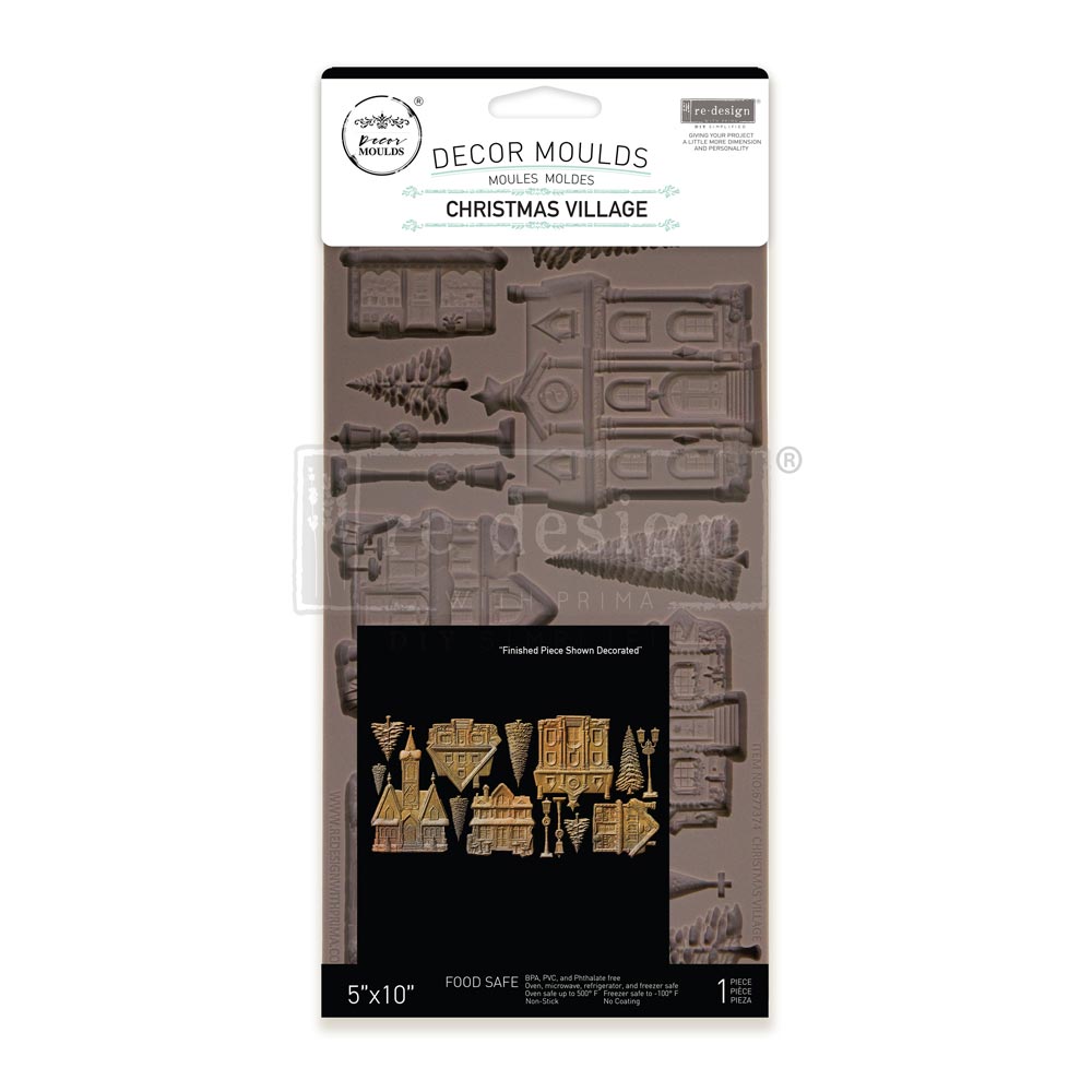 Redesign with Prima Christmas Village mold with houses church lamp posts and trees