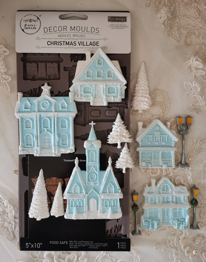 Redesign with Prima Christmas Village mold with houses church lamp posts and trees