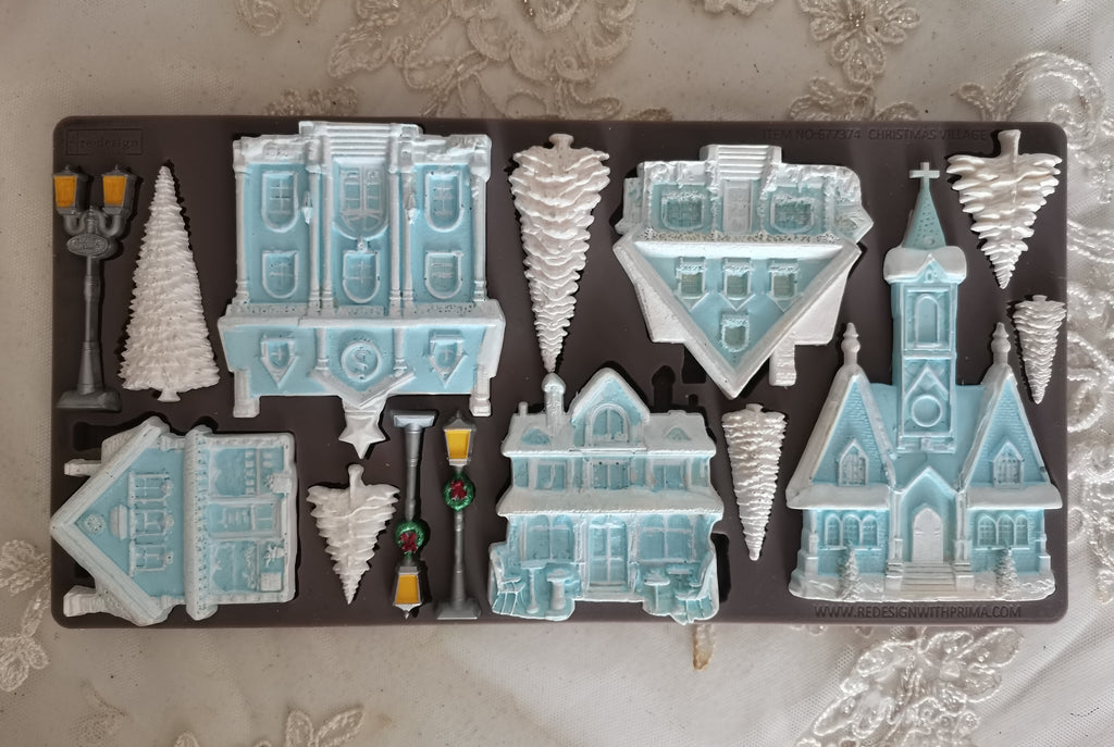 Redesign with Prima Christmas Village mold with houses church lamp posts and trees