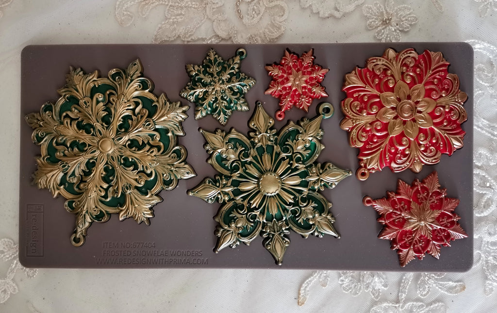 Redesign with Prima Frosted Snowflake Wonders mold with ornate snowflakes