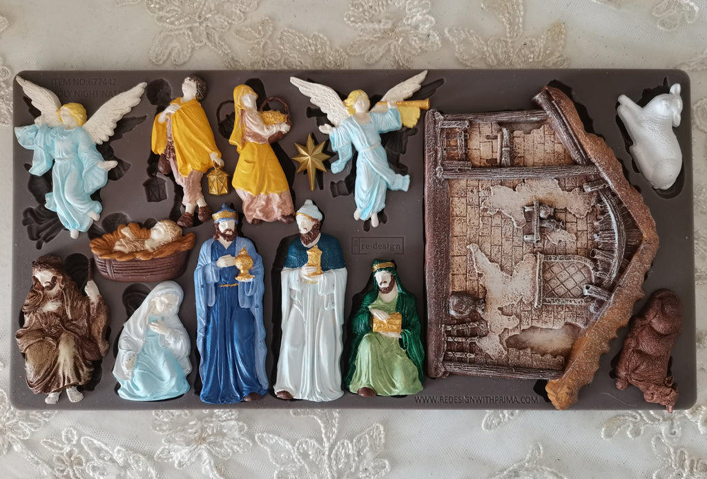Redesign with Prima Holy Night Nativity mold with stable wisemen angels sheep Mary Joseph and baby Jesus