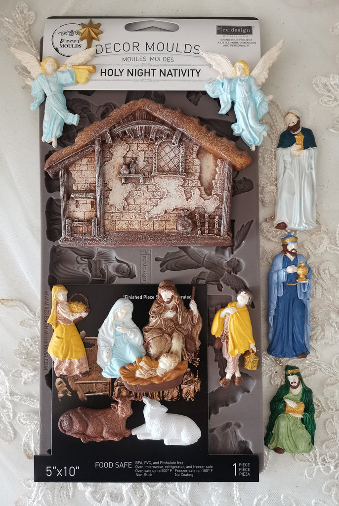 Redesign with Prima Holy Night Nativity mold with stable wisemen angels sheep Mary Joseph and baby Jesus