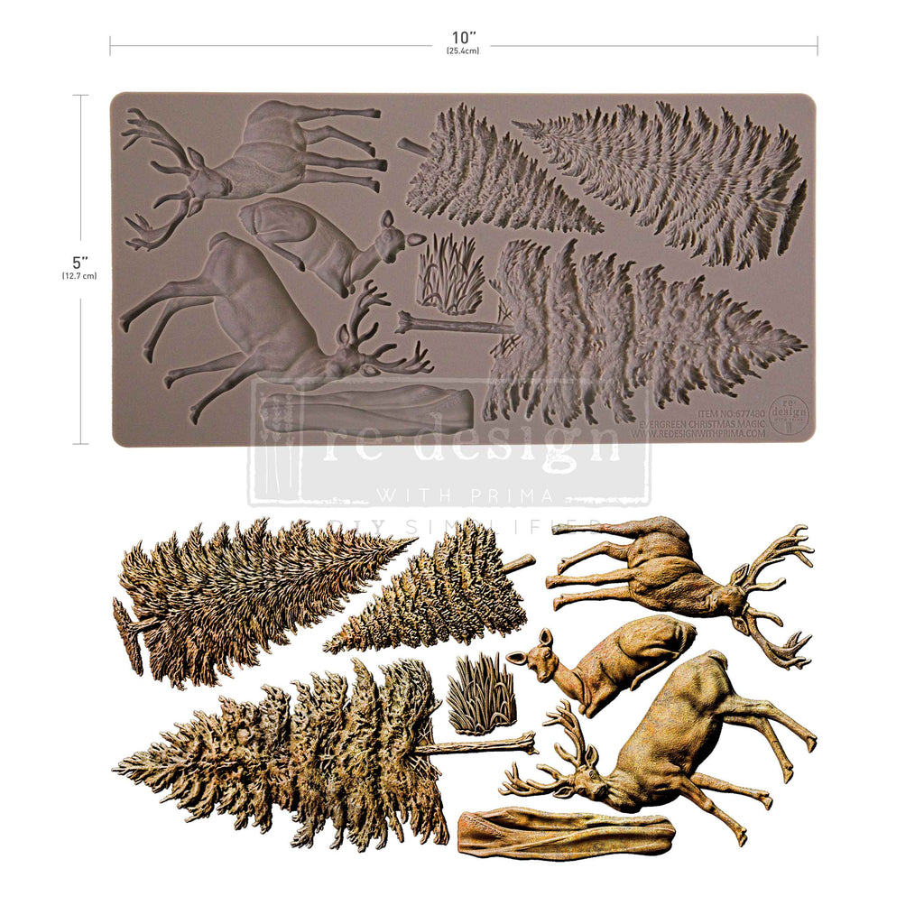 Redesign with Prima Evergreen Christmas Magic mold with evergreen trees and deer