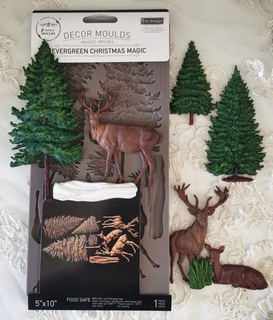 Redesign with Prima Evergreen Christmas Magic mold with evergreen trees and deer
